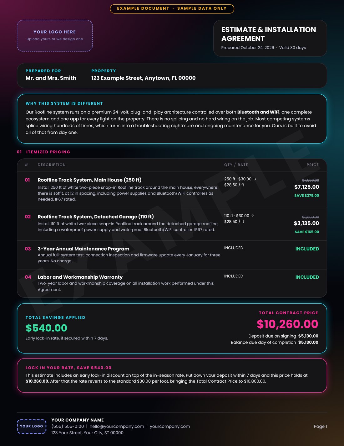 Example branded estimate for Mr. and Mrs. Smith with a place for your logo