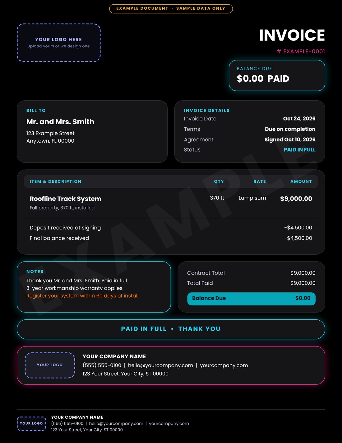 Example branded invoice for Mr. and Mrs. Smith marked paid in full