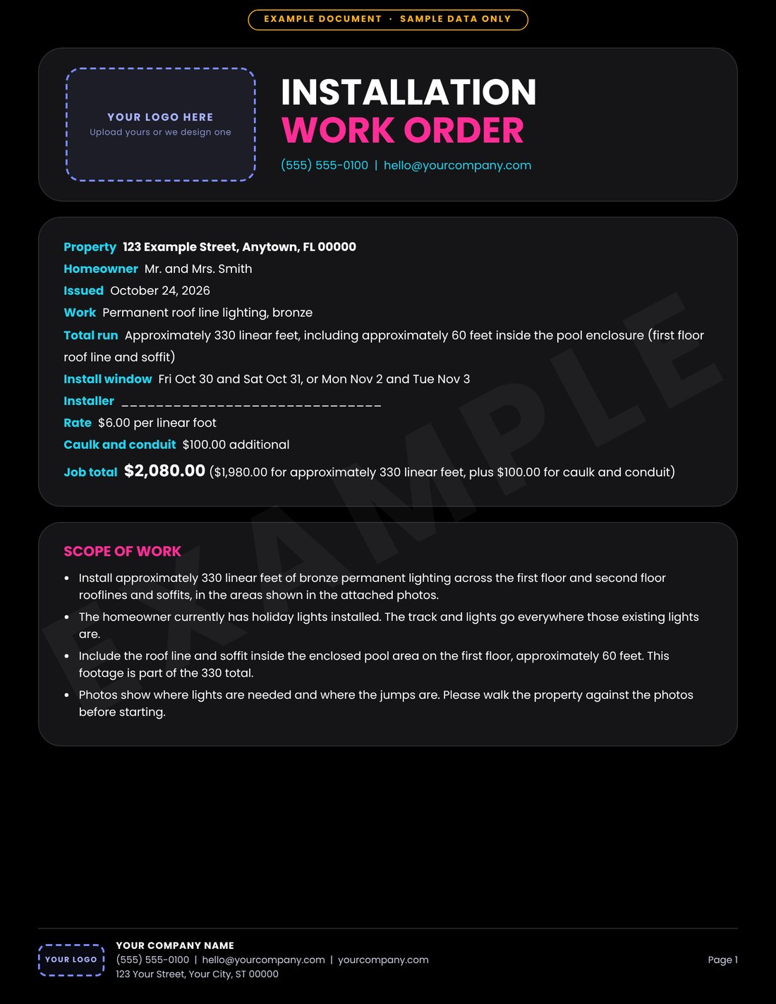 Example installation work order, page one