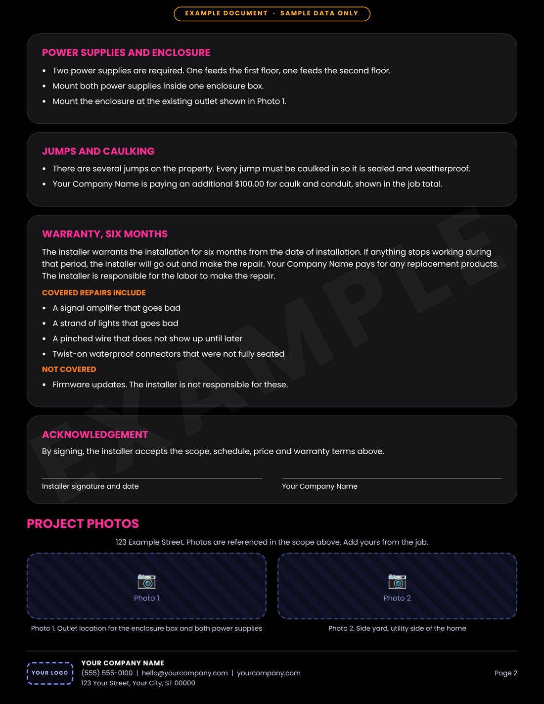 Example installation work order, page two with warranty and photos
