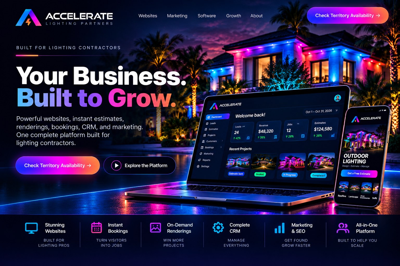 Accelerate Lighting Partners. Your business, built to grow. Powerful websites, instant estimates, renderings, bookings, CRM and marketing for lighting contractors, shown on a laptop and phone beside a home lit at night.